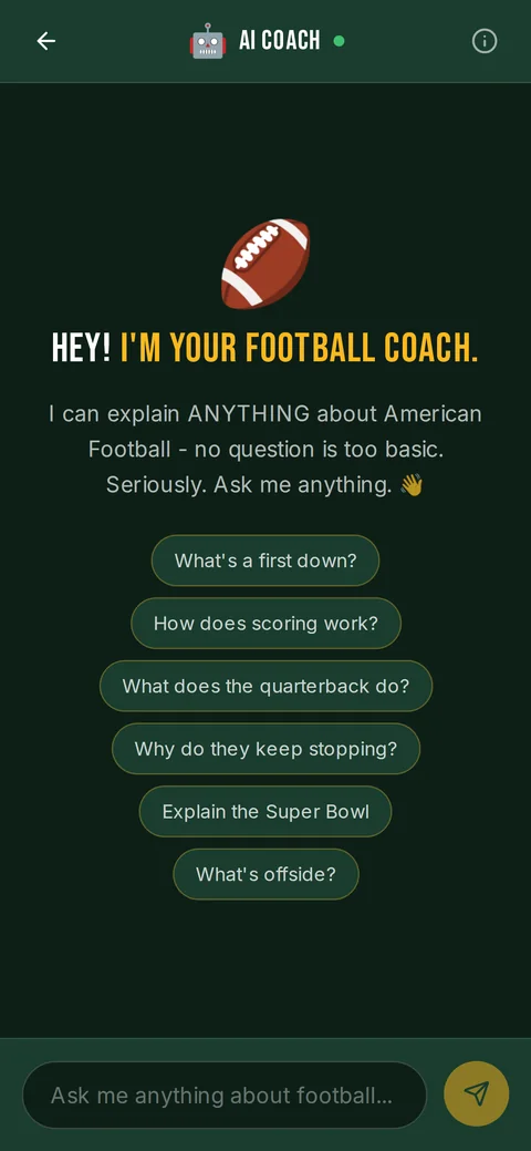 The AI Coach on a phone, with starter question chips and a message box.