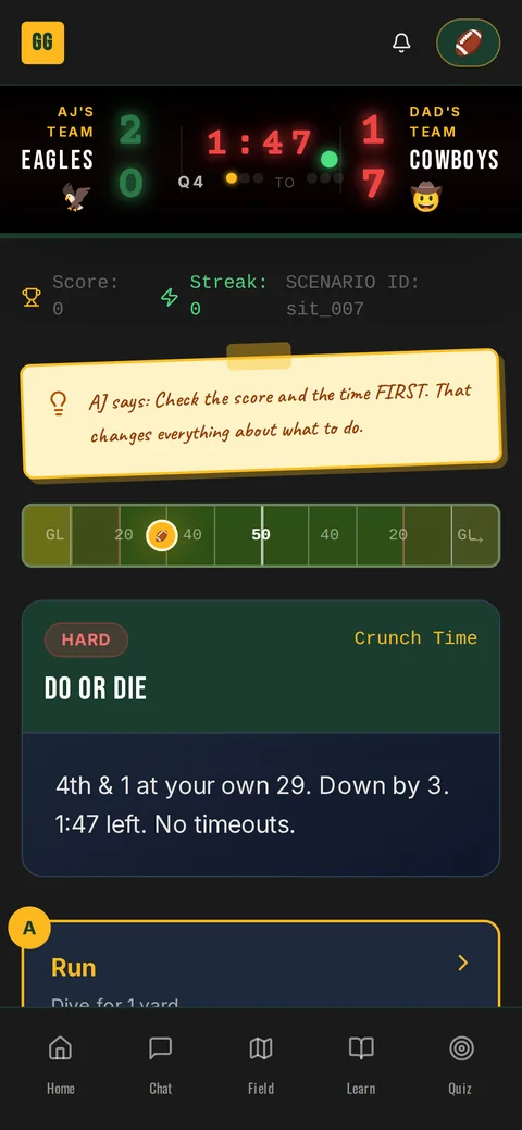 Game Situations on a phone: a do-or-die fourth down scenario under the AJ's team vs Dad's team scoreboard.