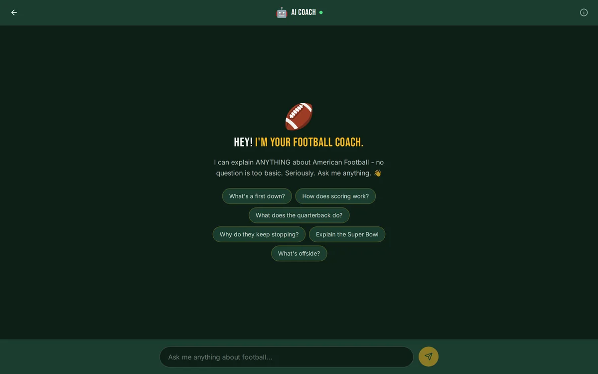 The AI Coach chat in The Gridiron Guide, with starter questions such as What's a first down? and How does scoring work?
