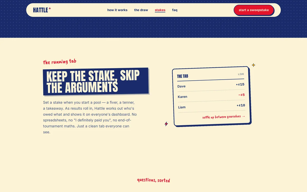 The running tab: a live card showing who's up and who's down, with a note to settle up between yourselves.