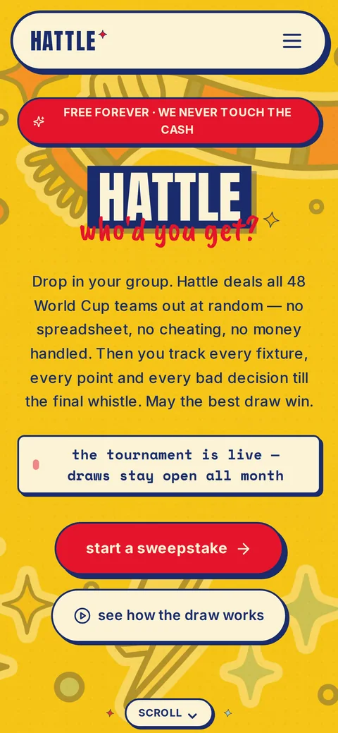Hattle's homepage on a phone during the 2026 World Cup.
