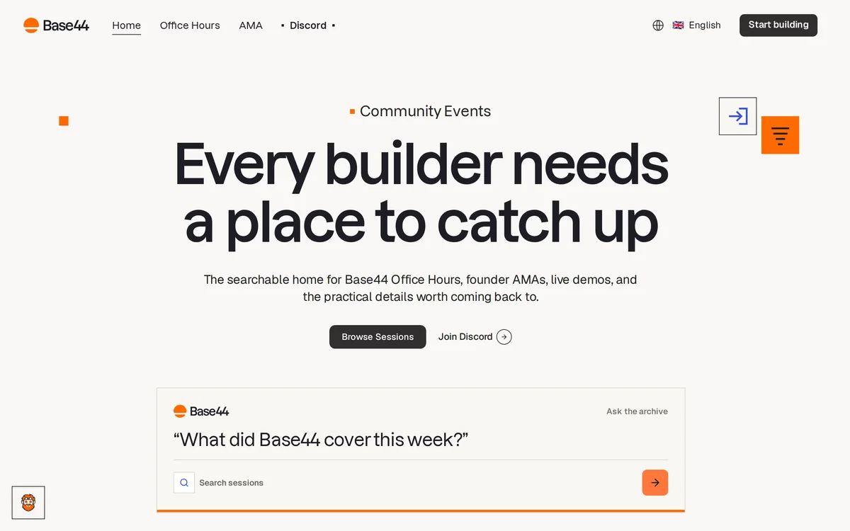 The archive homepage, headed Every builder needs a place to catch up, with an Ask the archive search card.