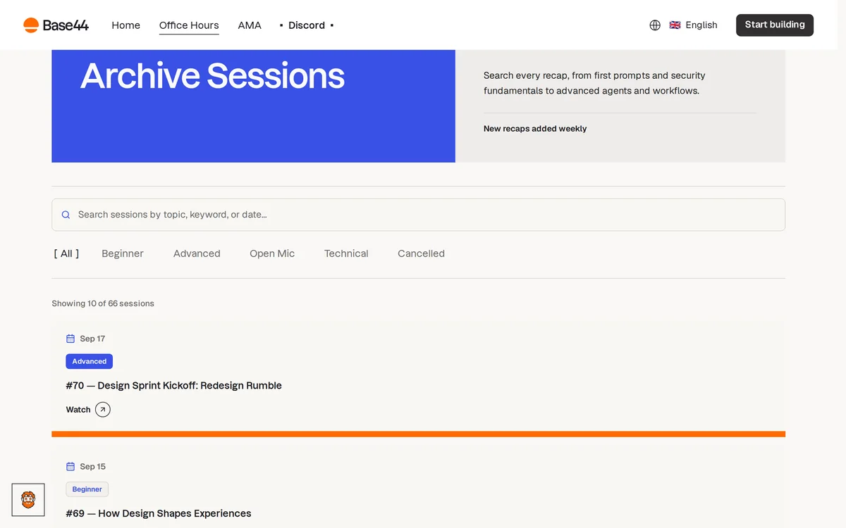 The full Office Hours archive list with filters for beginner, advanced and open mic sessions.