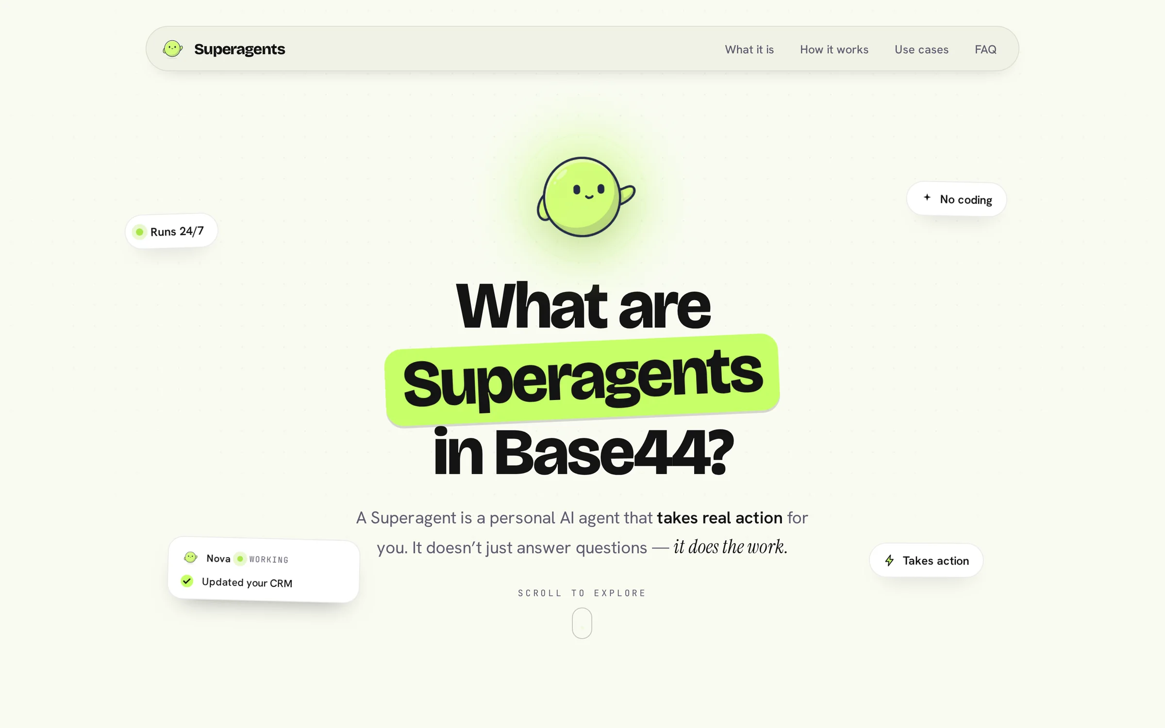 The Superagents Guide homepage: the headline What are Superagents in Base44? with Superagents on a lime highlight, Nova the mascot, and floating chips reading Runs 24/7, No coding and Takes action.