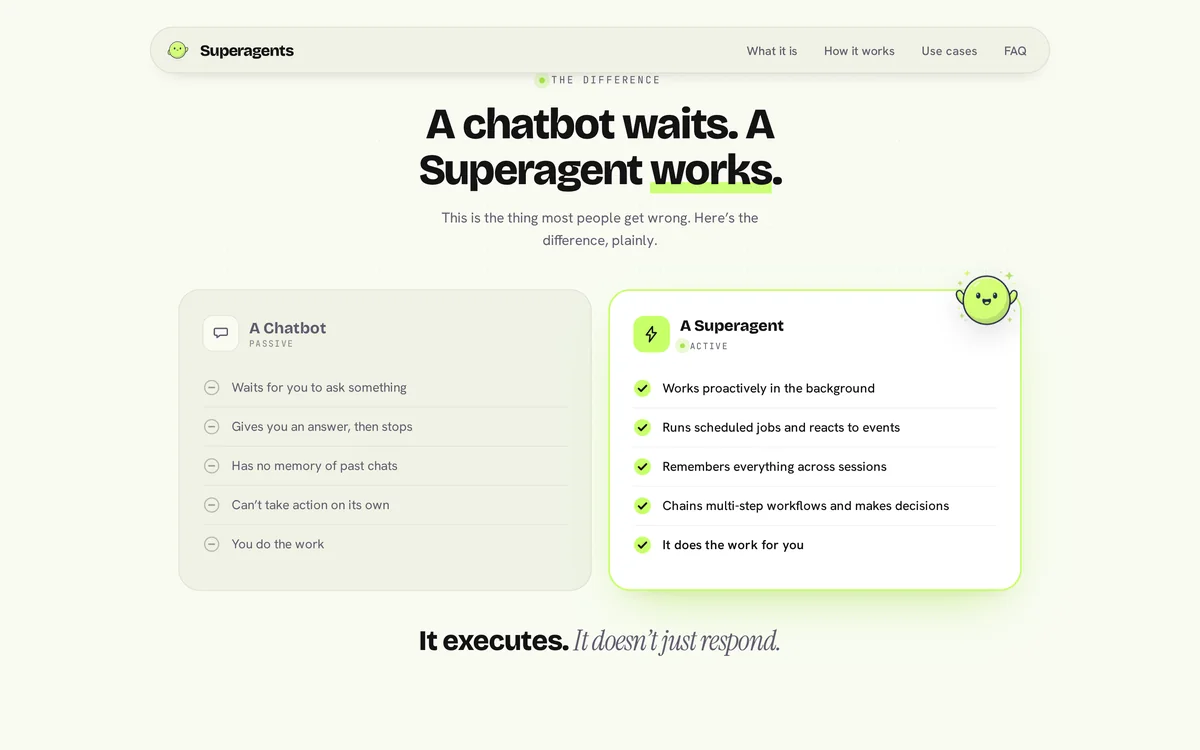 Two cards side by side comparing a passive chatbot with an active Superagent.