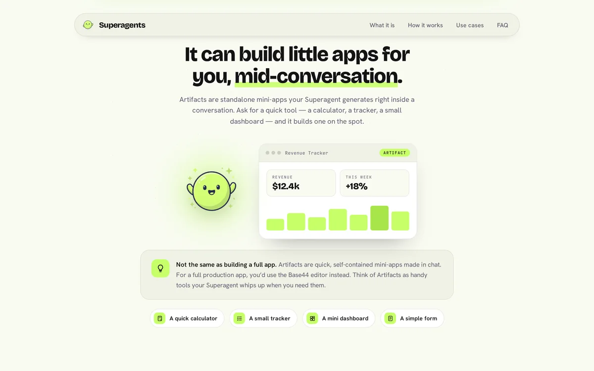 Nova next to a mock Revenue Tracker, an example of a mini-app a Superagent can build mid-conversation.