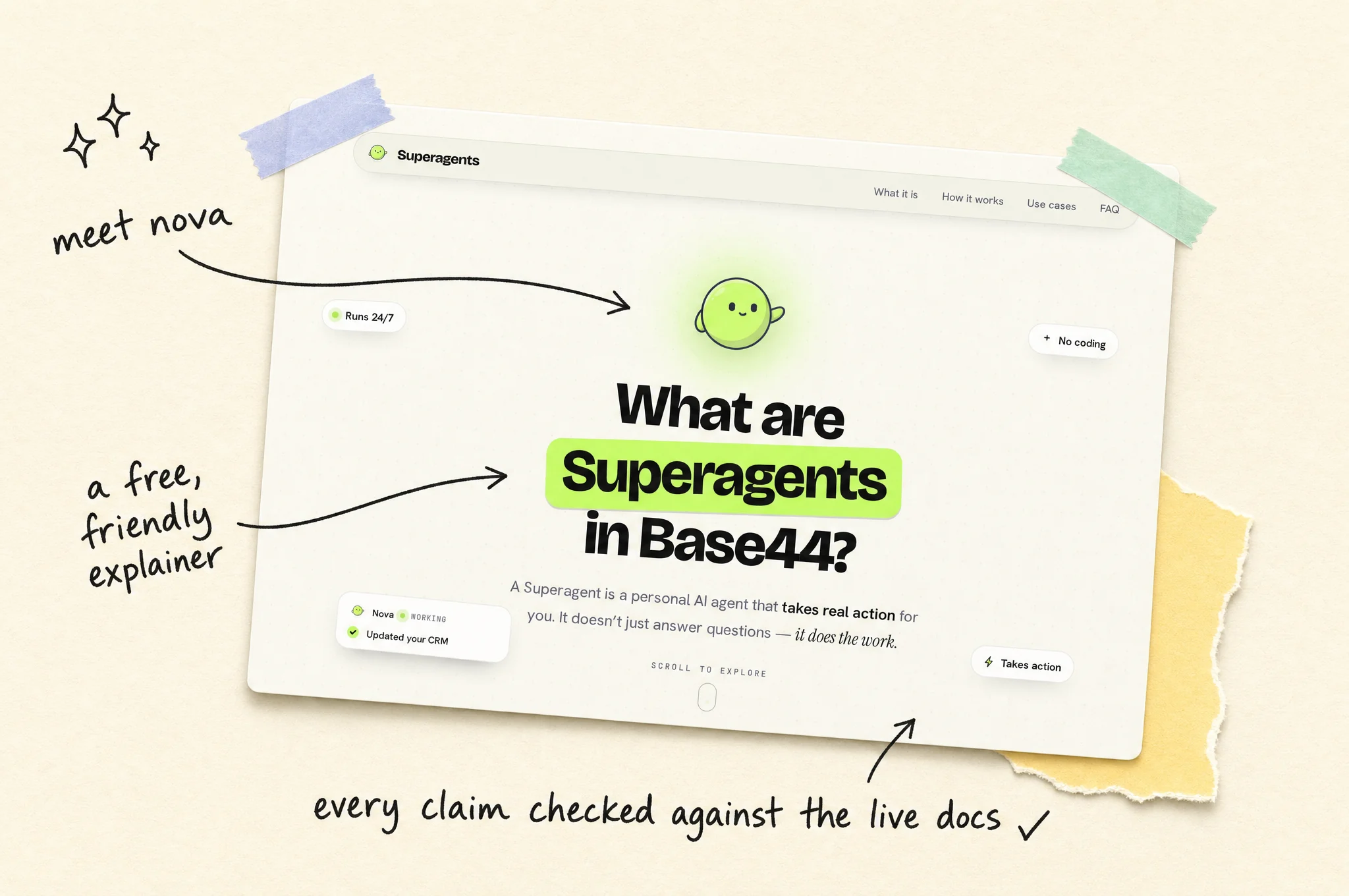 The Superagents Guide homepage with Nova the mascot, pinned into a scrapbook page with notes: meet Nova, a free, friendly explainer, every claim checked against the live docs.