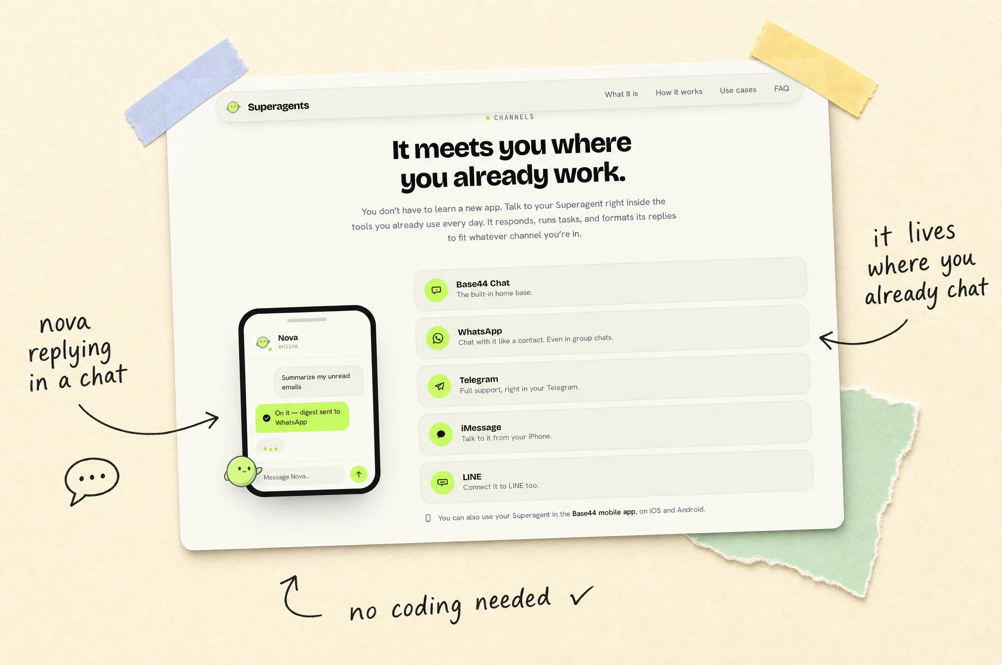 The Superagents Guide channels section with Nova replying in a phone chat, pinned into a scrapbook page with notes: it lives where you already chat, no coding needed.