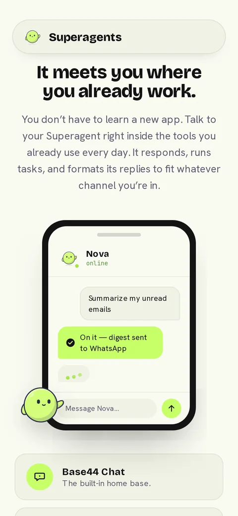 The channels section on a phone, with Nova chatting inside a phone mock-up.