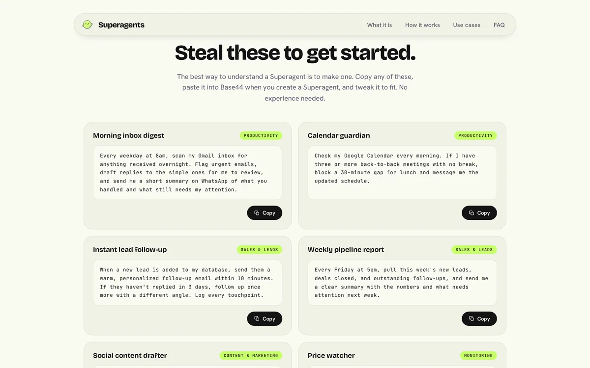 The prompt library: starter prompts for a Superagent, each with its own Copy button.